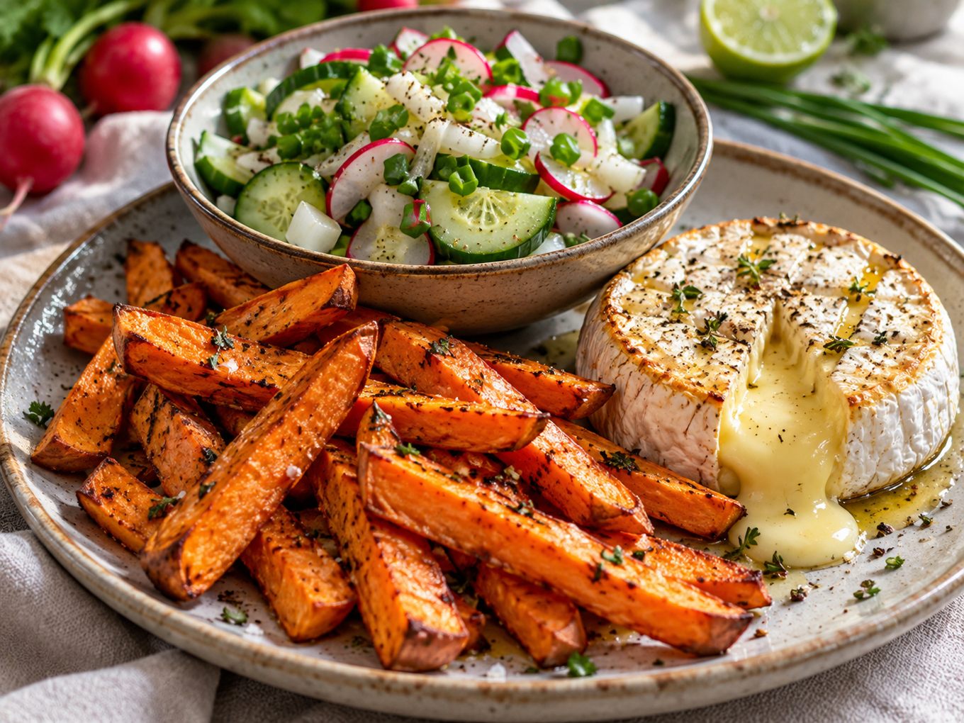 Wizualizacja AI: frytki z batata, pieczony camembert i surówka z ogórka i rzodkiewki